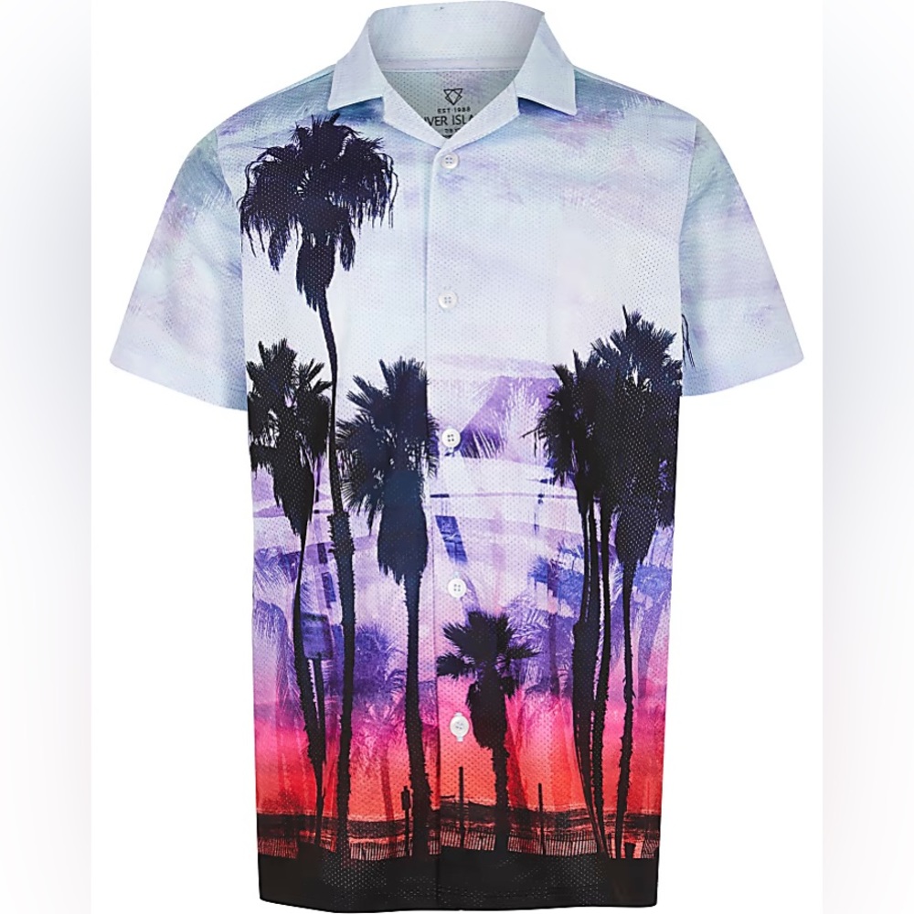 River Island Boys Blue Palm Print Mesh Button Down Shirt